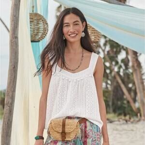 Sundance Sugar Sand White Eyelet PomPom Tank Top PM Boho Cottagecore Lagenlook